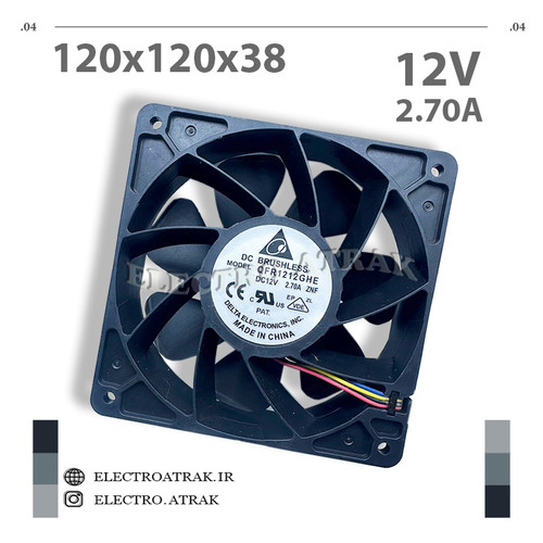 فن 12 ولت 2.70 آمپر12*12*3.8 سانتی متر بلبرینگ 4 سیم DELTA
